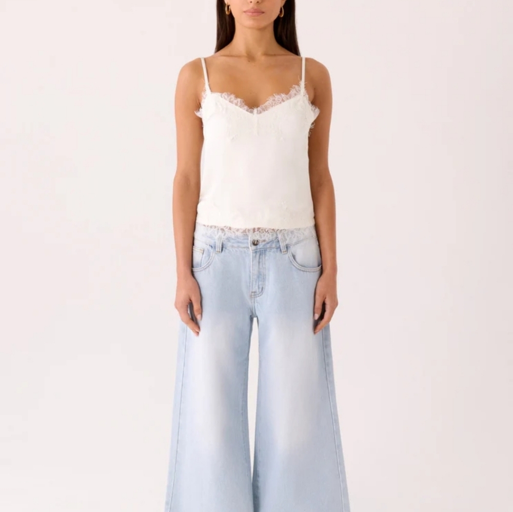 White Lace Trim Velour Cami Tank Coquette Feminine Career Academia Teacher NWT